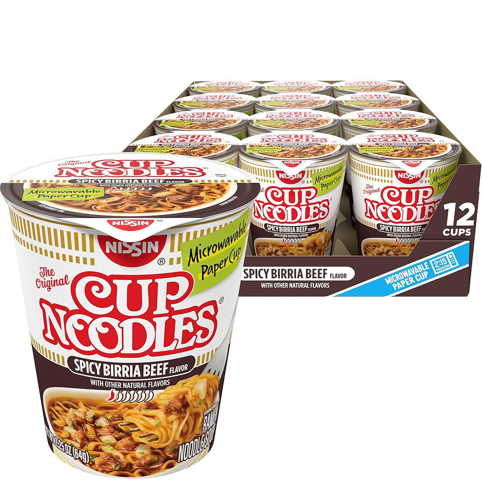 Lot de 12 Nissin Cup Noodles Bœuf Birria Épicé pour kits de survie.