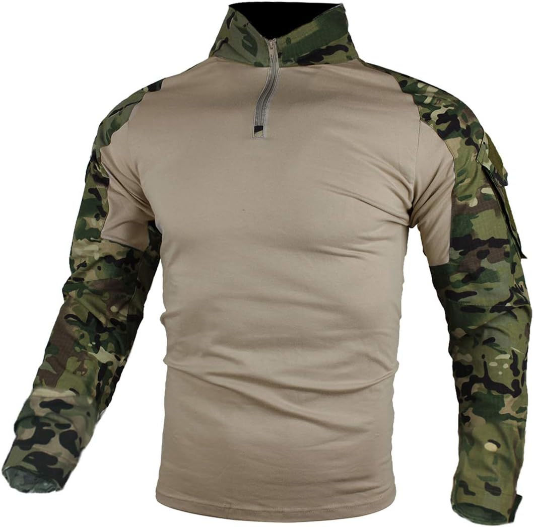 T-shirt tactique de combat beige avec manches camouflage ripstop