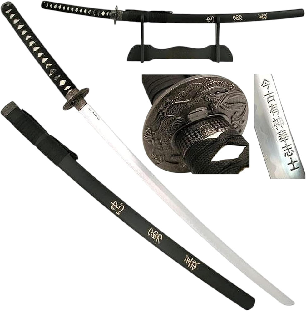 Katana japonais avec fourreau noir et gravures sur lame
