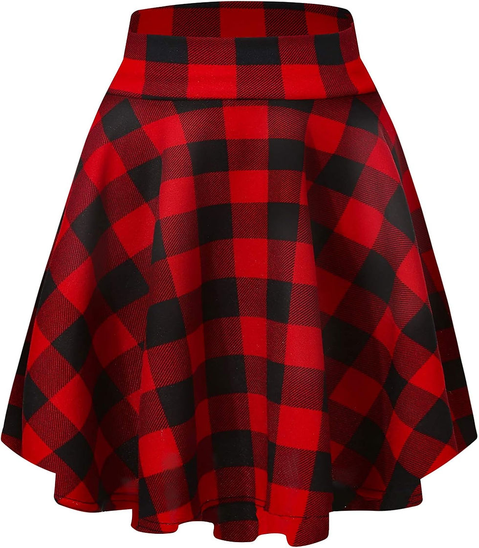 Thumbnail: Jupe midi EXCHIC à carreaux rouges et noirs avec taille élastique.