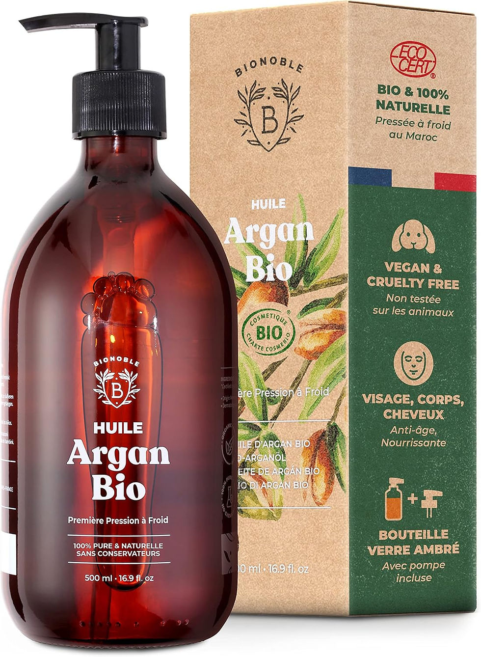 Miniature : Flacon d'Huile d'Argan Bio Bionoble et son emballage.