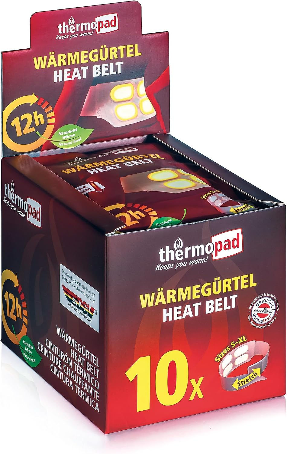 Boîte de 10 ceintures chauffantes Thermopad S-XL, chaleur 12h.