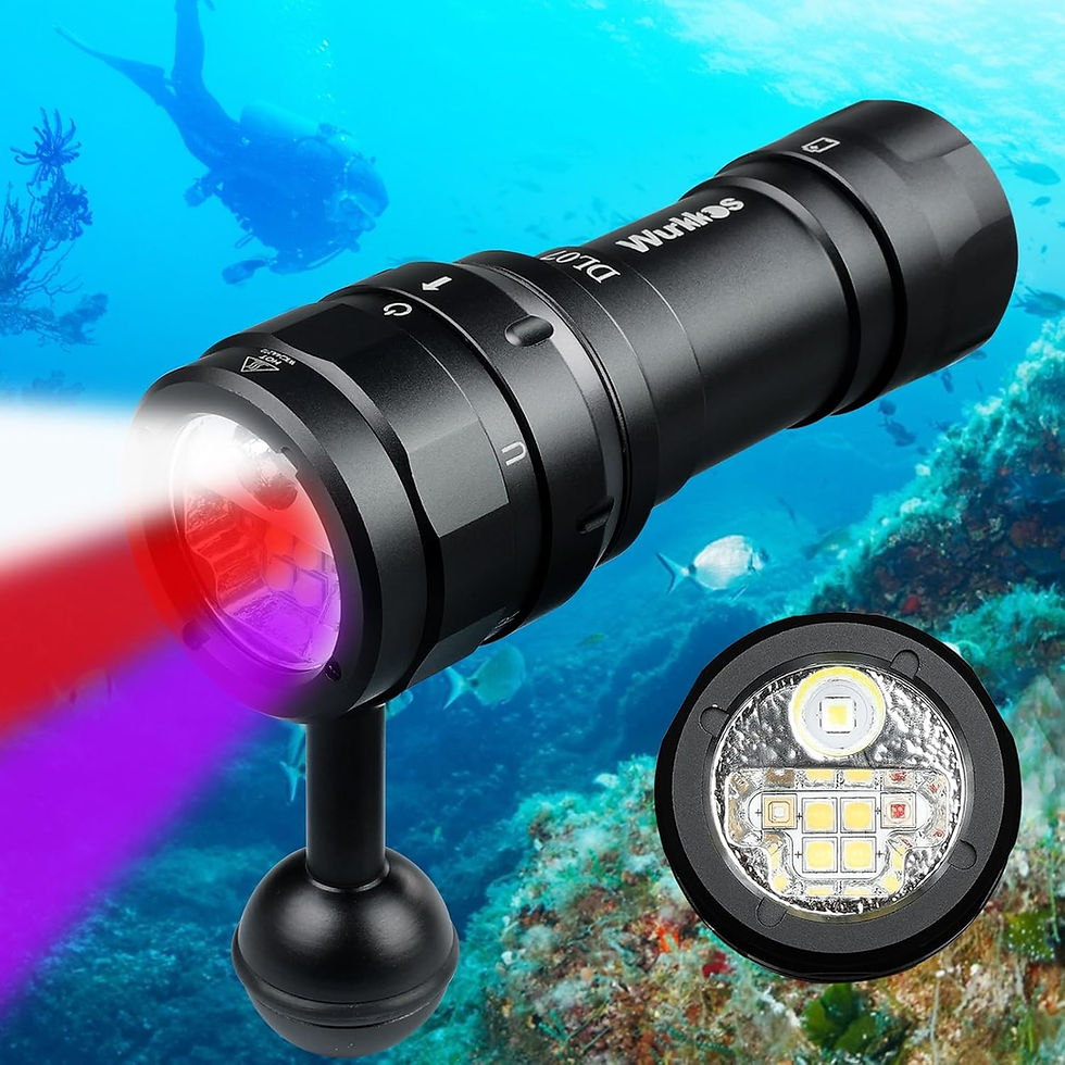 Lampe de plongée Wurkkos DL07 avec faisceaux blanc, rouge et UV.