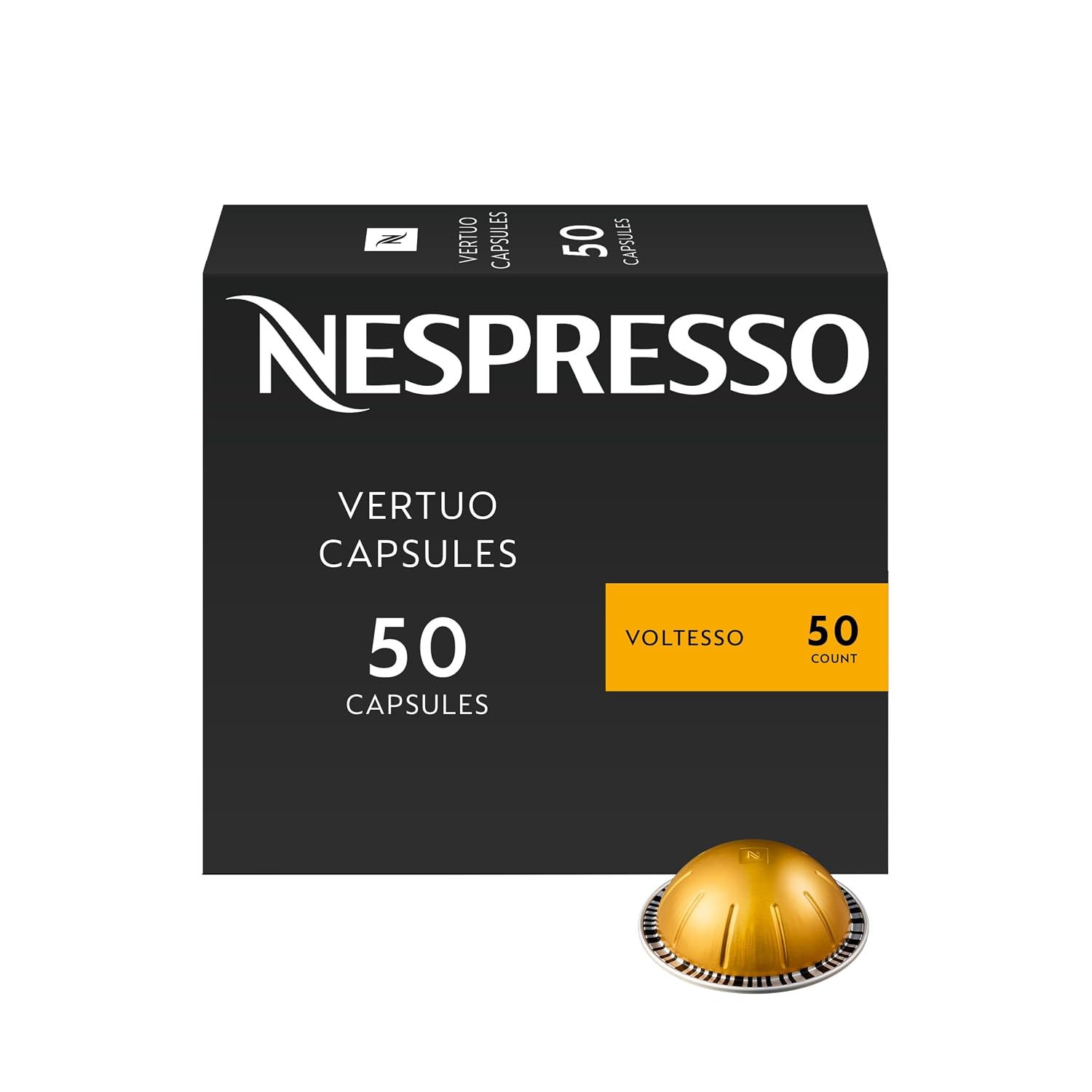 Boîte de 50 capsules Nespresso Vertuo Voltesso avec une capsule dorée.