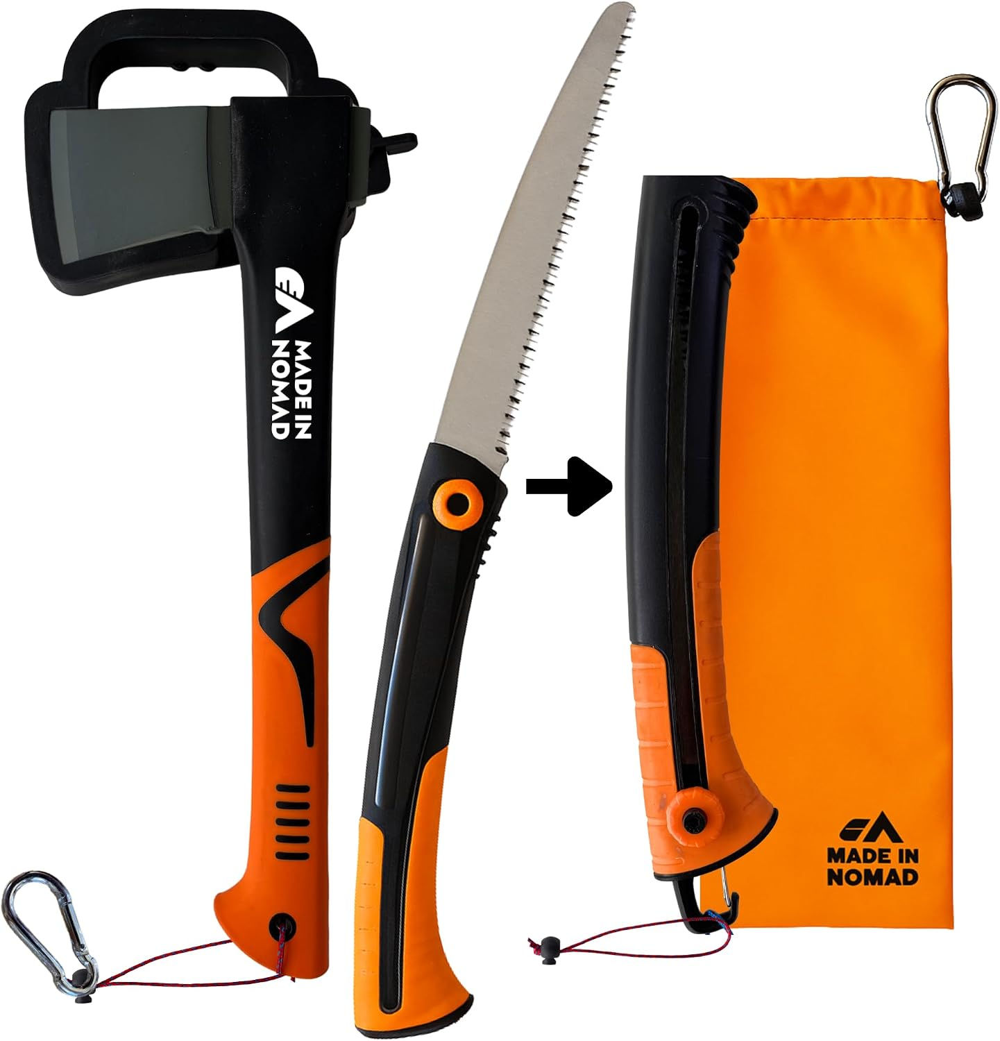 Hache bushcraft et scie pliante avec étui orange