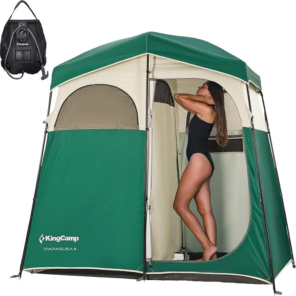 Thumbnail: Tente de douche KingCamp et sac pour kits de survie.