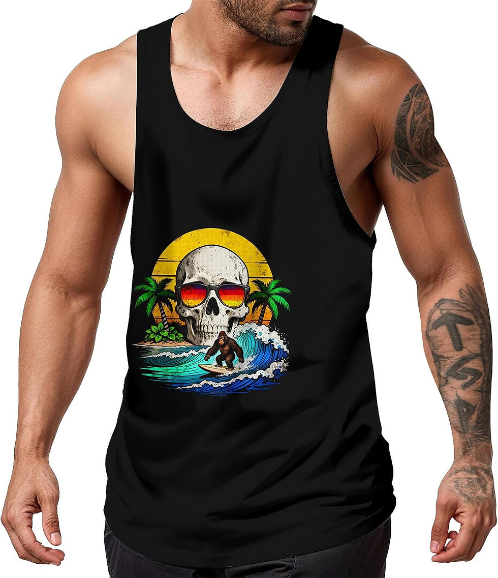 Miniature : Débardeur noir homme style hawaïen crâne et surf
