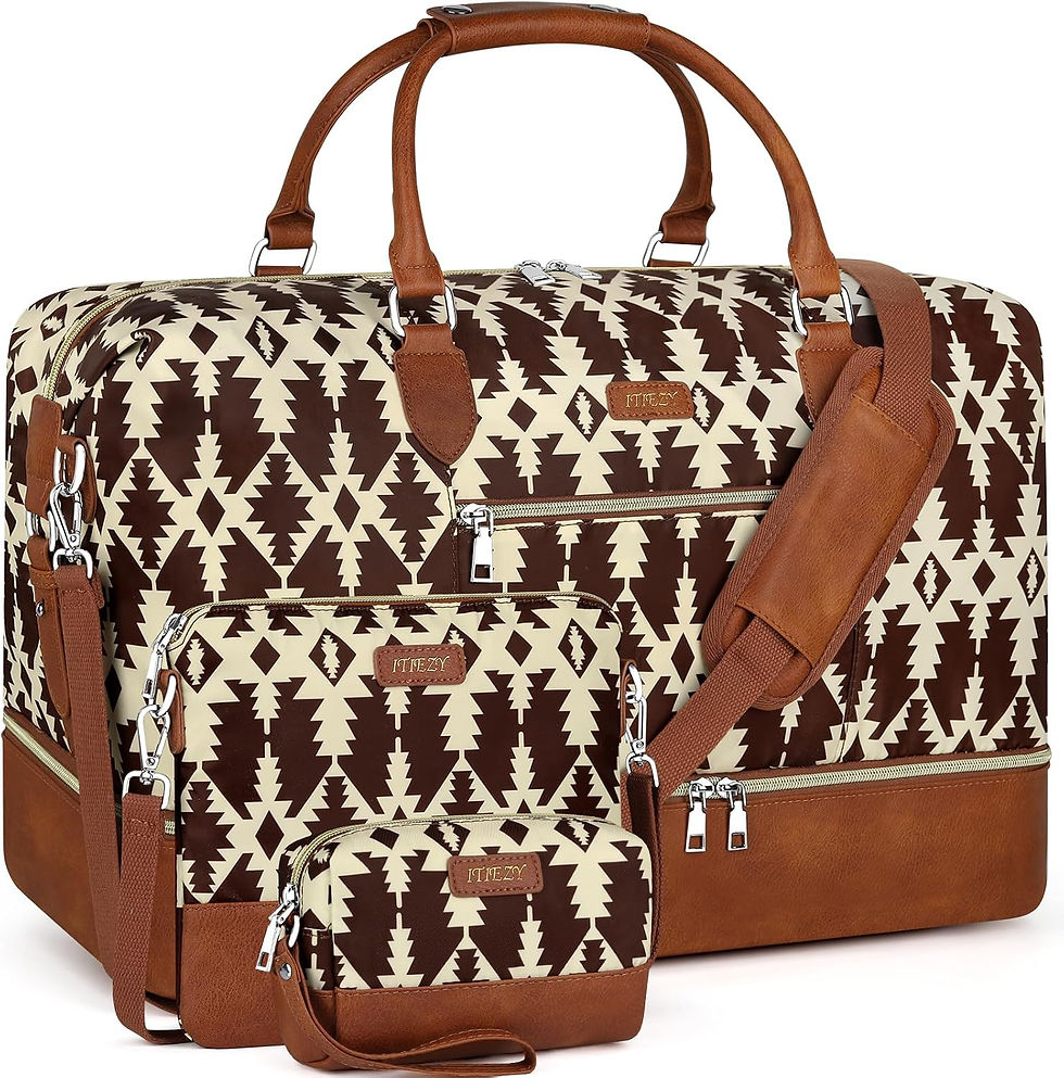 Thumbnail: Lot de 3 sacs de voyage ITIEZY à motifs géométriques marron.