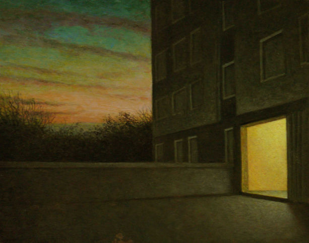 painting of a block of flats at dawn