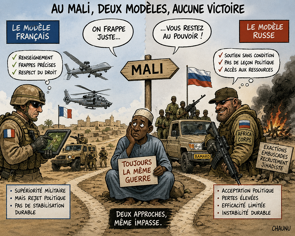 Bamako a changé de partenaire, mais pas de guerre. Depuis le retrait français et l’arrivée des forces russes, le rapport de force militaire s’est inversé… sans pour autant modifier l’équation stratégique. Entre efficacité tactique et succès politique, deux modèles s’opposent. Aucun ne s’impose vraiment.