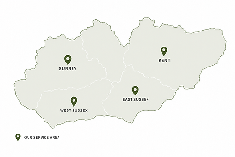 Service Map Showing Areas: Surrey, West Sussex, East Sussex & Kent