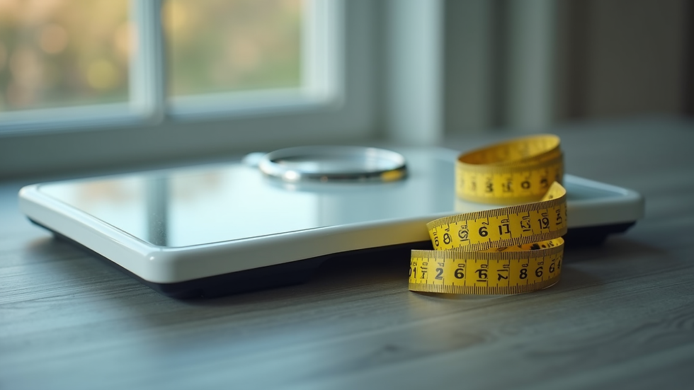 Eye-level view of a fitness scale with a measuring tape beside it