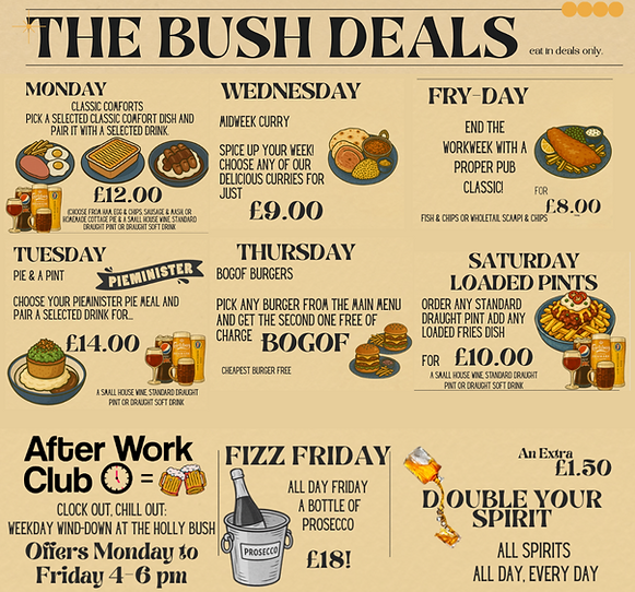 Daily deals board at The Holly Bush pub in Headley showing weekday food and drink offers