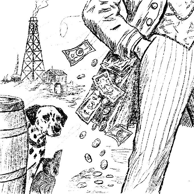 Interpretive sketch inspired by the rise-and-fall story of Coal Oil Johnny, where oil-boom wealth could spill away as quickly as it arrived. Illustration created for the Venango Museum.
