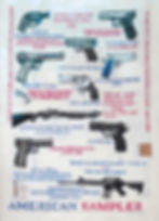 Embroidered guns with labels and stats, such as "27 million guns sold in 2016 US." Red and blue text. Title: "American Sampler."