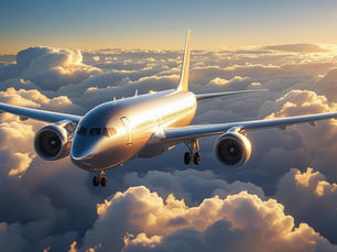Commercial airplane flying over city skyline