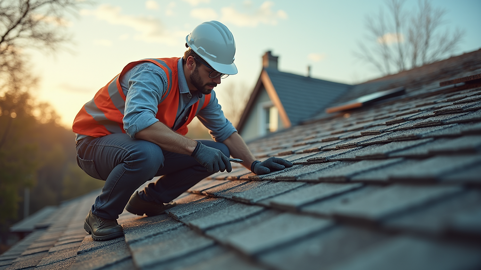 Eye-level view of a home inspector examining a roof