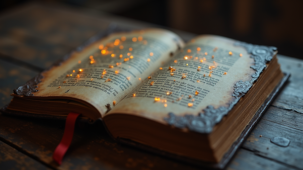 Close-up view of an ancient spellbook with glowing runes