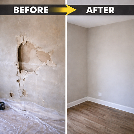 Water-damaged drywall wall repaired and painted in a residential room before and after renovation in Temiskaming Shores Ontario by Successful Repair. Professional drywall repair, wall patching, sanding, priming, and interior painting services.