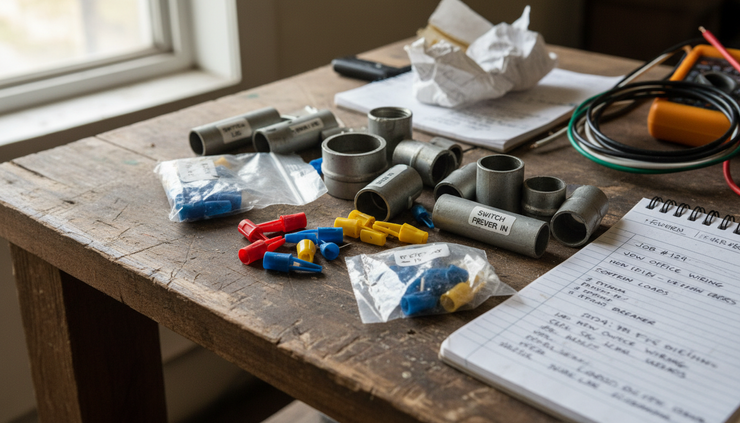 Close-up view of labeled electrical parts and handwritten job notes on a workbench