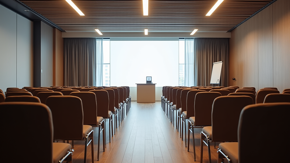 Eye-level view of a modern conference room set up for a product launch event