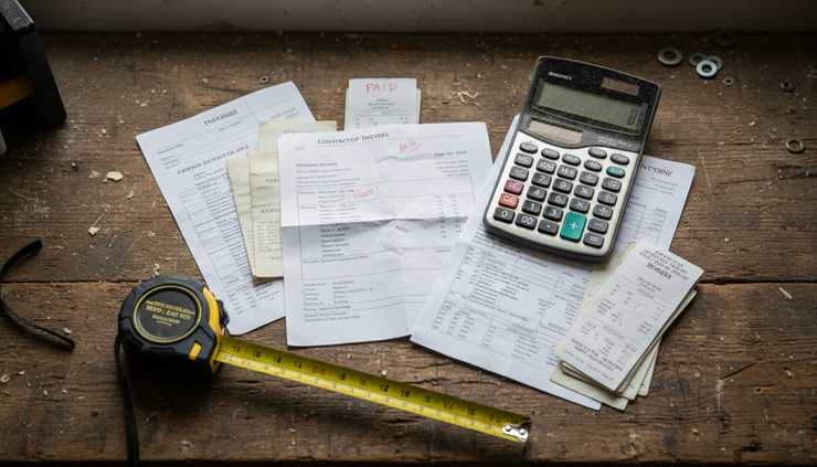 Overhead view of marked invoices, receipts, and a tape measure on a contractor’s work surface