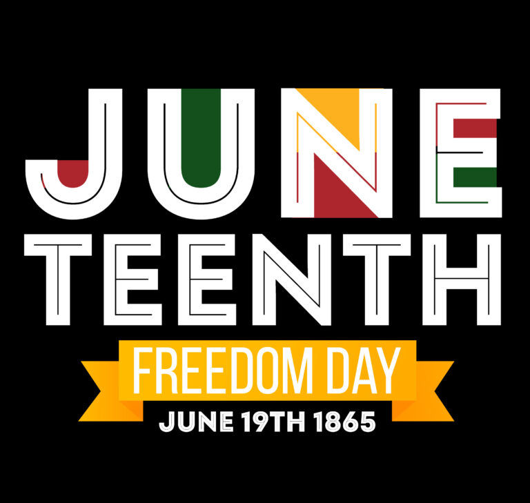 Juneteenth Freedom Day poster with bold white, green, red, and gold text on black background; June 19th 1865.