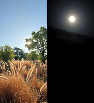 split screen image of nature on left bright sunny day and image of nature on right is dark
