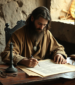 ancient times a scribe sitting at a desk transcribing a document on parchment paper.jpg
