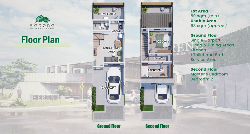 Two‑level Serene Townhomes floor plan showing carport, living and dining areas, kitchen, T&B, service area on the ground floor, and two bedrooms with hallway on the second floor.