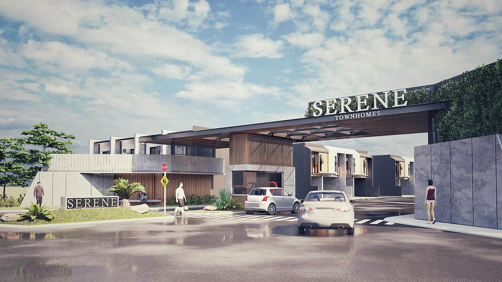 Modern entrance rendering of Serene Townhomes with overhead signage, landscaped greenery, vehicles on the road, and people walking around the residential community.