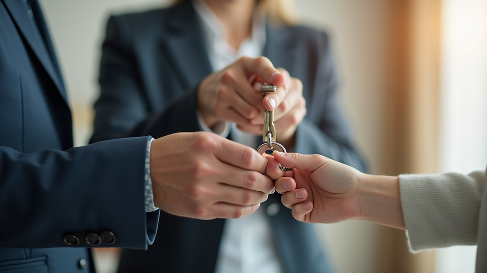 Close-up view of a real estate agent handing over house keys to a client