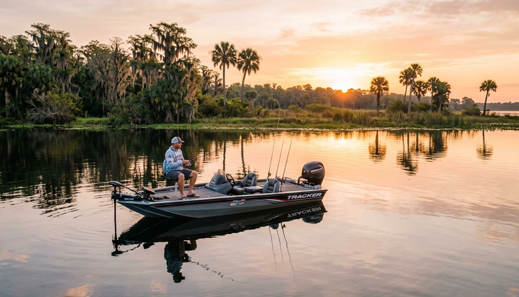 Wide-angle view of a bass boat on calm Orlando water at sunrise