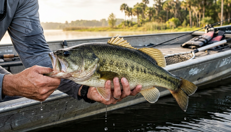 Close-up view of a largemouth bass being held carefully over the water