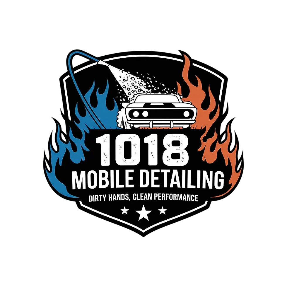 1018 Mobile Detailing logo with car, water spray, and blue and orange flames on white background.