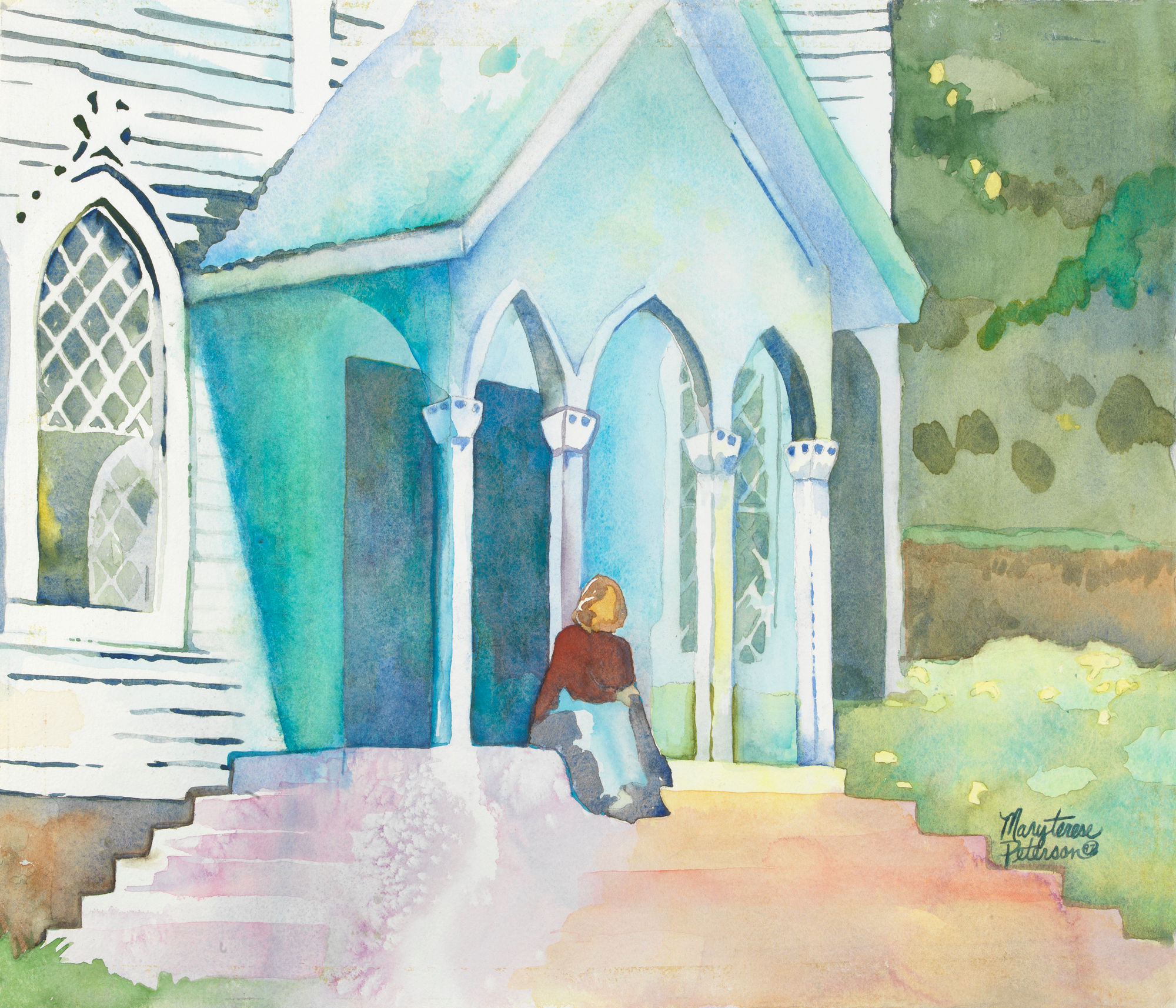 GIRL ON CHURCH STEPS-“STILL RESTING HERE”