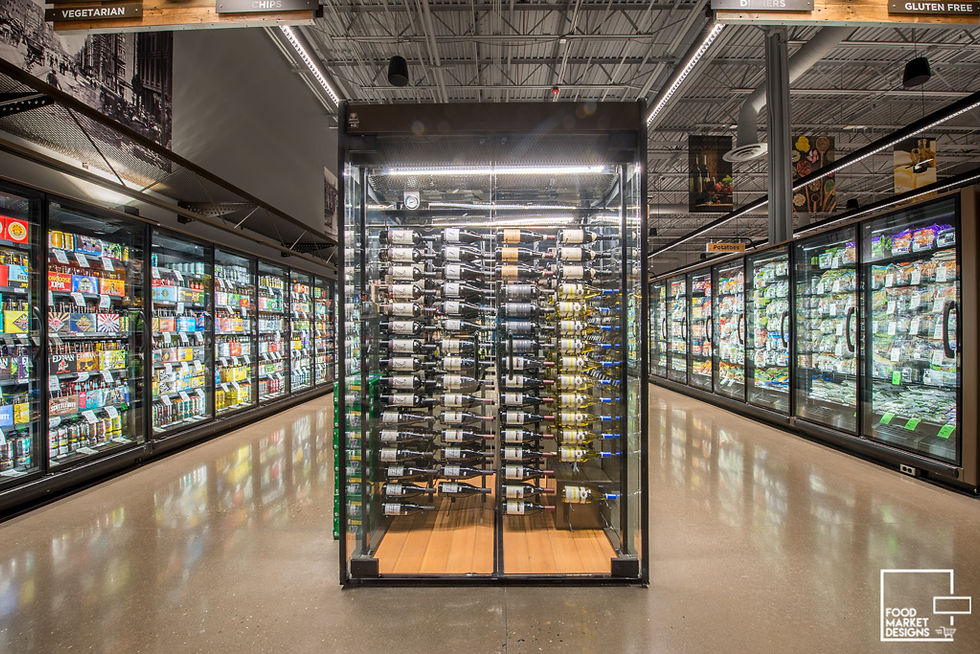 Grocery store and supermarket refrigerated wine merchandiser