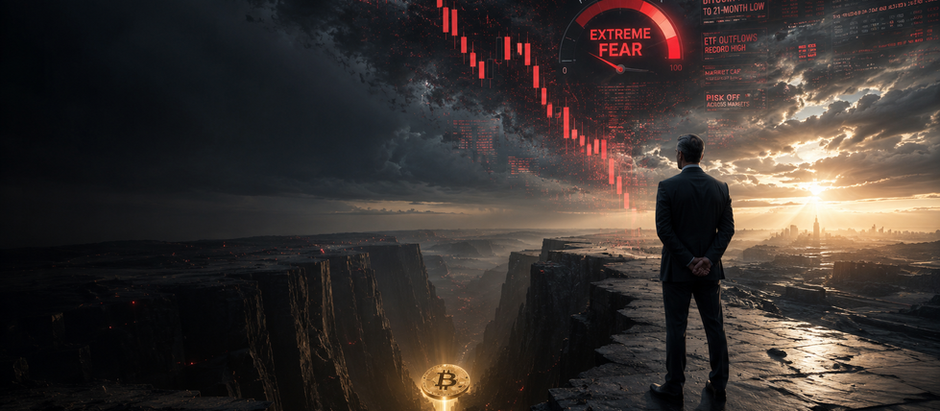 A lone institutional investor in a dark tailored suit stands calmly at the edge of a vast black canyon during a severe Bitcoin market selloff. Above him, massive red candlestick charts, financial headlines, and an "Extreme Fear" market sentiment gauge dominate a storm-filled sky, while a single glowing Bitcoin shines from the bottom of the canyon. In the distance, a golden sunrise breaks through the clouds, symbolizing long-term opportunity emerging from market panic. The cinematic scene contrasts disciplined investing with widespread fear in a premium institutional finance aesthetic.