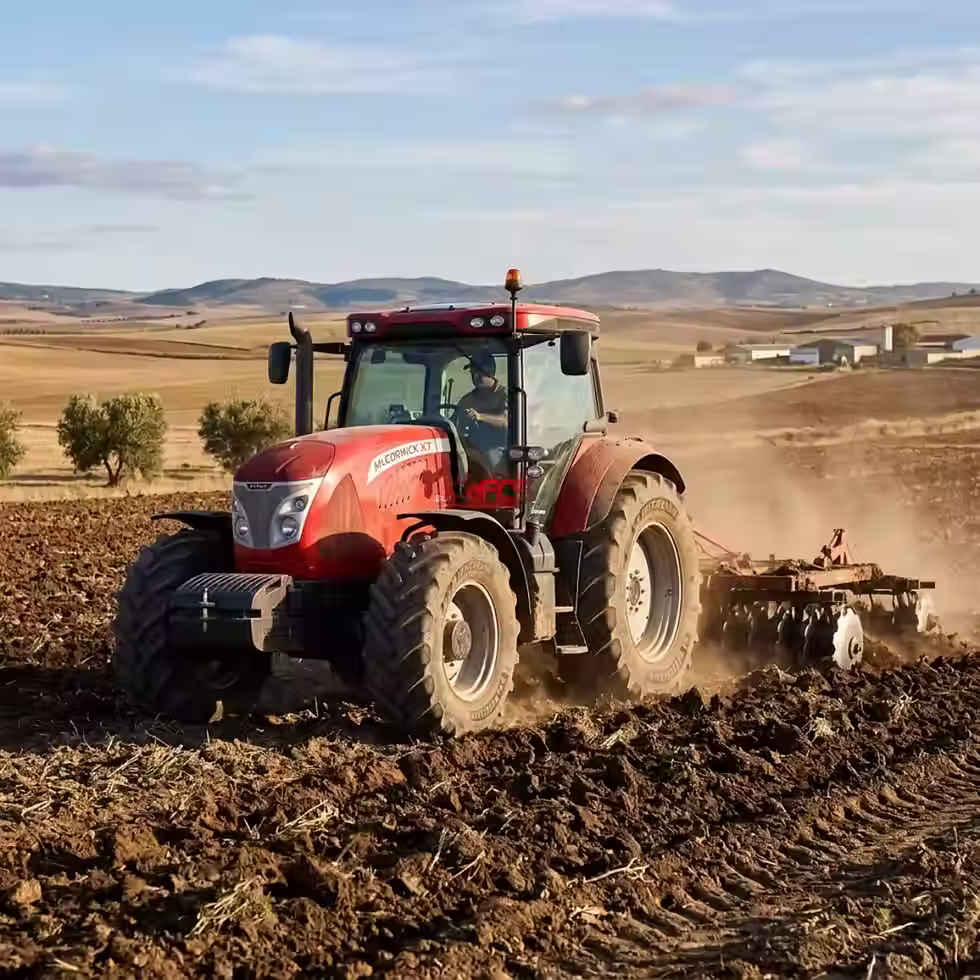 tractor mccormick x7 trabajando con grada en finca de tabaco en extremadura, talleres fcs