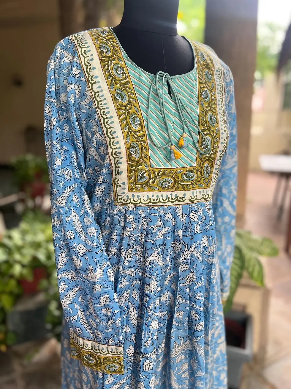 Thumbnail: Blue Summer Cotton Block Print Dress: Paisley, Floral Indian Design