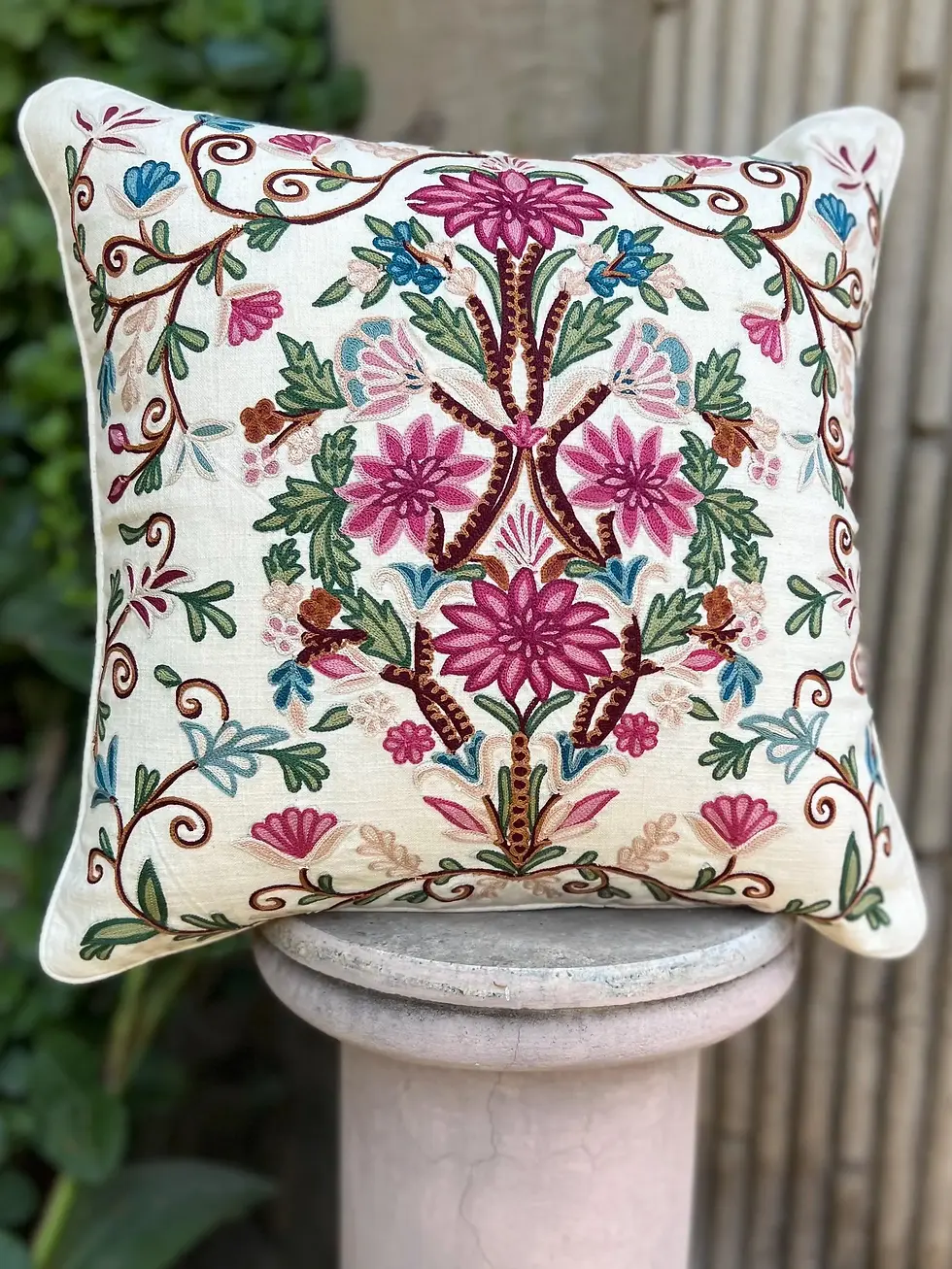 Thumbnail: Handmade Crewel Embroidered Pillow Cover | Floral Artisan Decor| Made in India