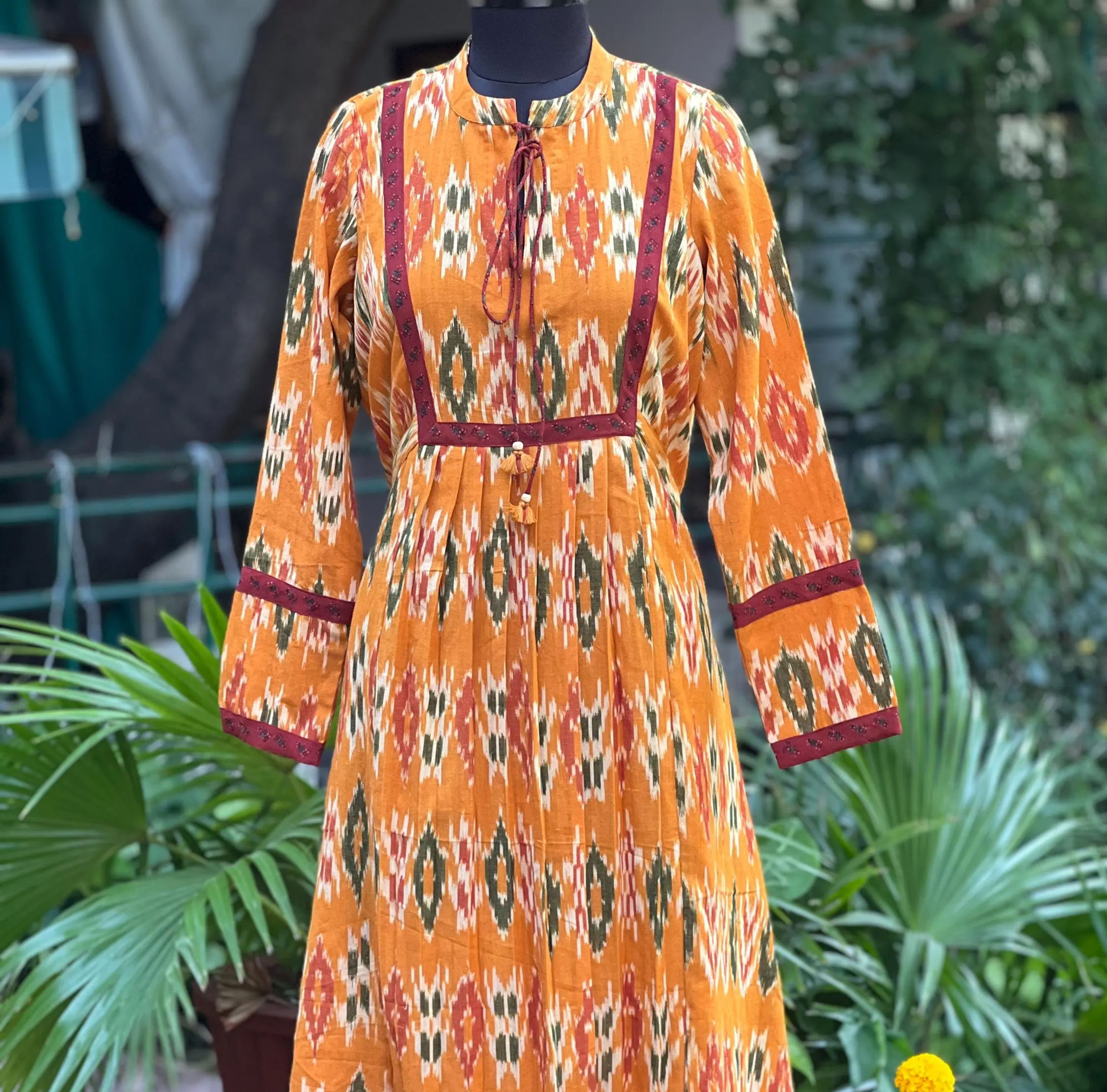 Handmade Ikat Cotton Midi Dress: Block Printed Boho Tunic