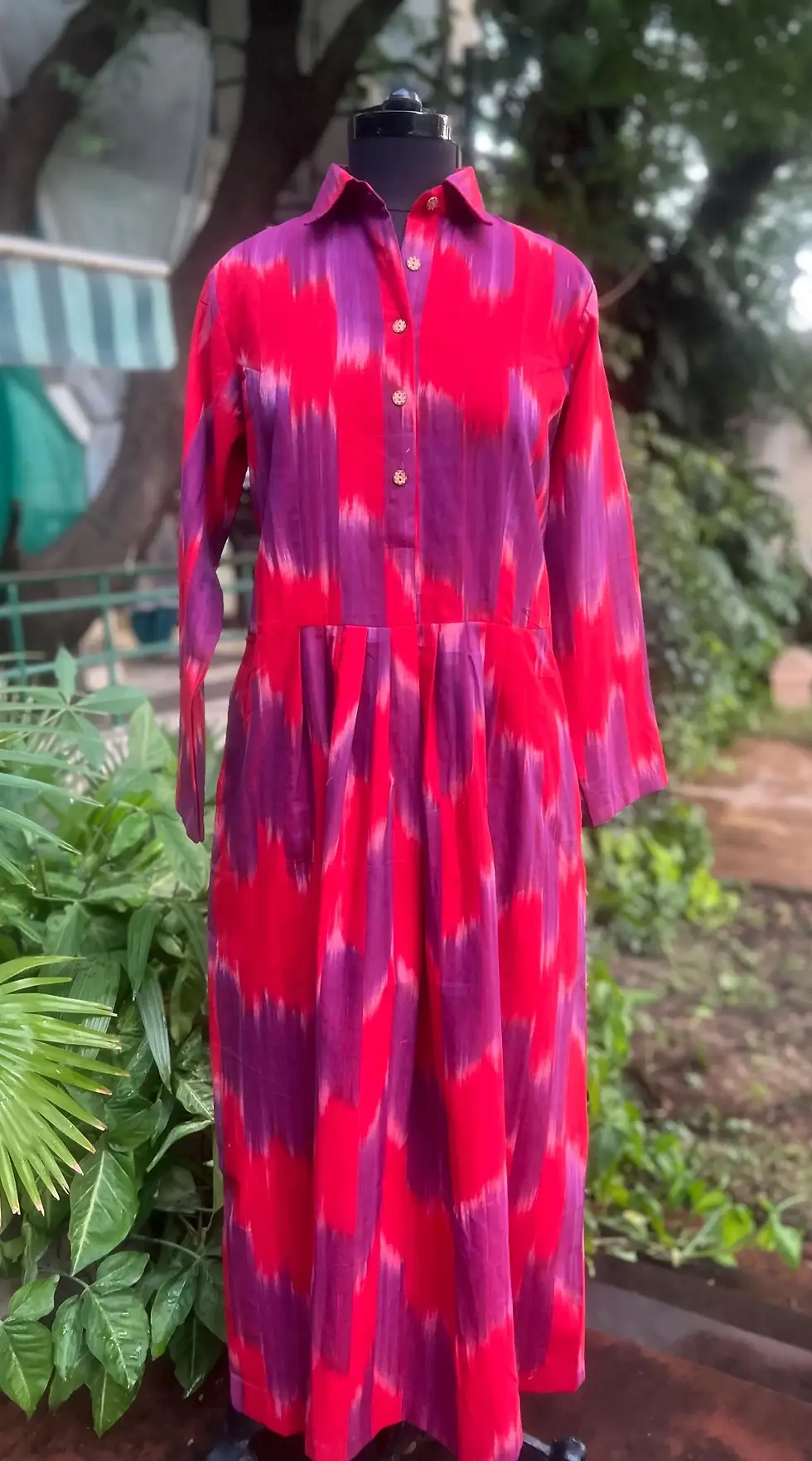 Thumbnail: Red Boho Ikat Cotton Midi Dress: Handwoven Tunic Shirt
