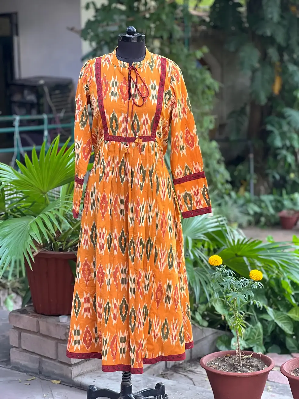 Thumbnail: Handmade Ikat Cotton Midi Dress: Block Printed Boho Tunic