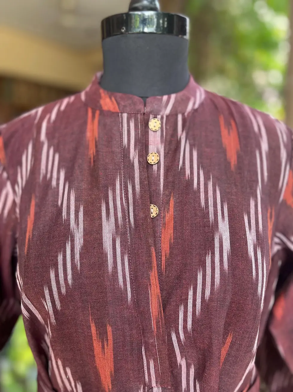 Thumbnail: Handmade Ikat Cotton Midi Dress: Block Print Boho Tunic with Belt