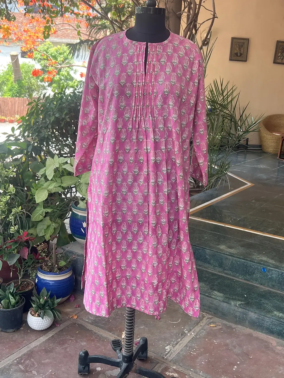 Thumbnail: Cotton Block Print Pleated Kurta dress : Hand Printed Floral Summer Wear