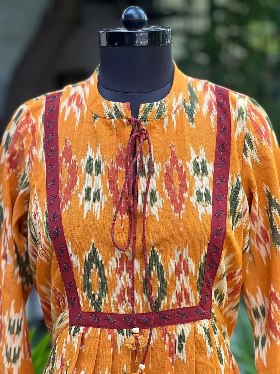 Thumbnail: Handmade Ikat Cotton Midi Dress: Block Printed Boho Tunic