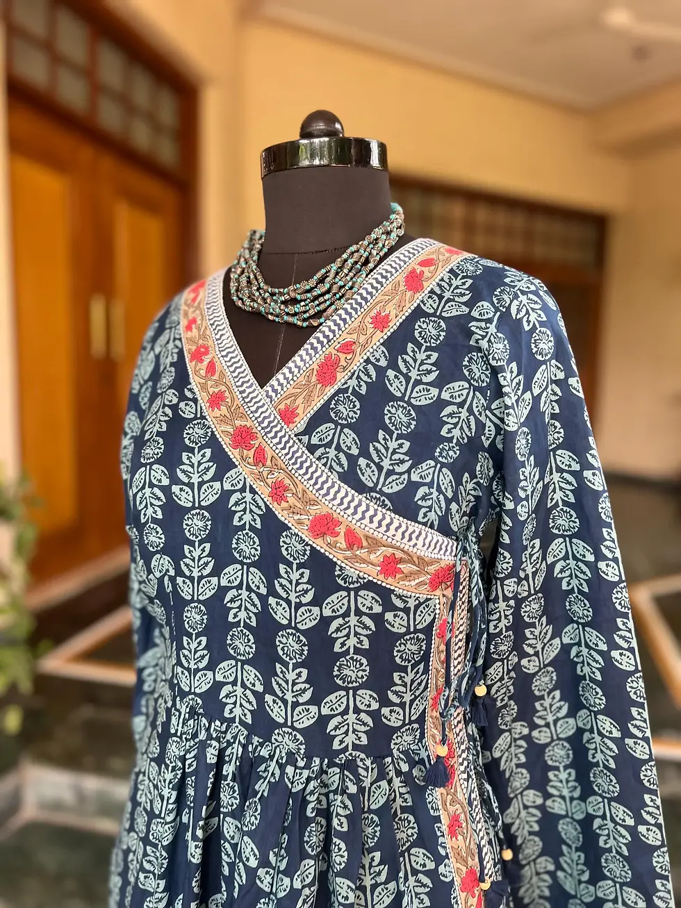 Thumbnail: Indigo Floral Block Print Wrap Dress | Cotton Boho Dress