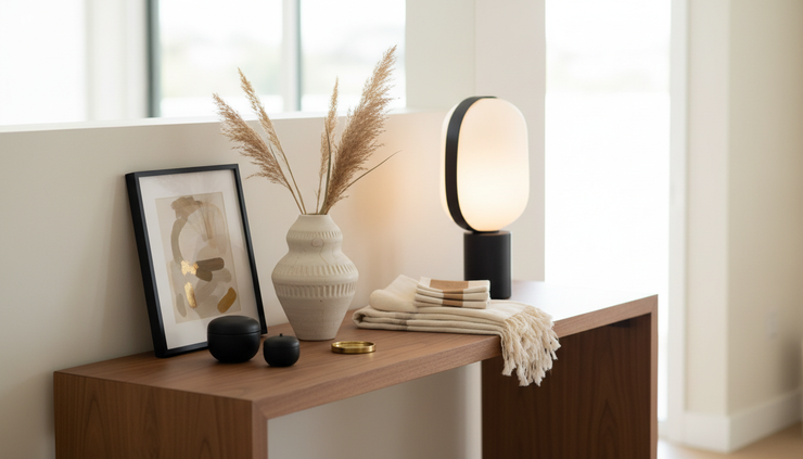 Close-up view of neatly styled home decor on a modern console table.