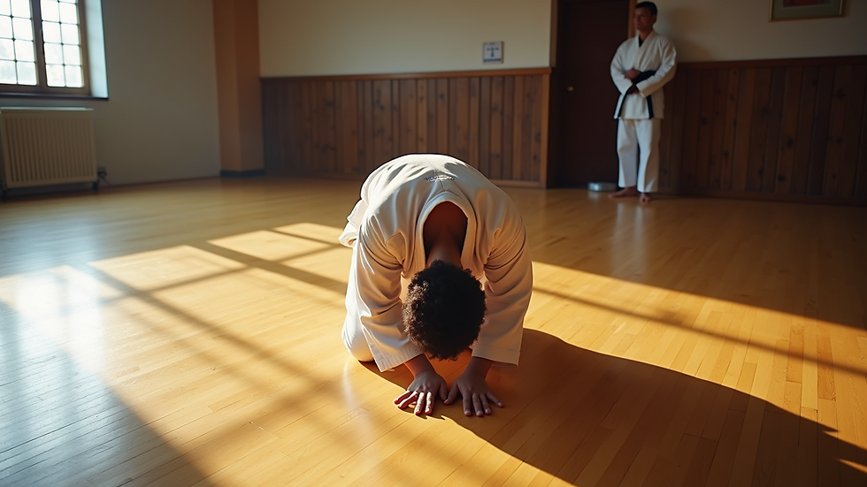 High angle view of a karate student bowing on the dojo floor